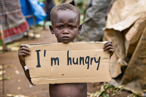 Little African boy holds sign that says 