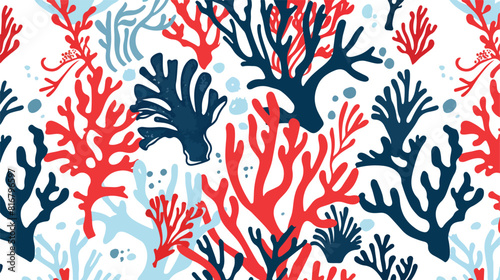 Seamless pattern with red and blue corals and seaweed