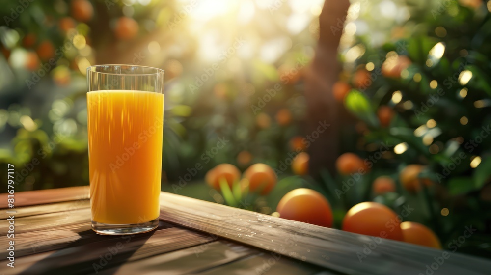 Fototapeta premium A glass of delicious orange juice on the table wood with an orange orchard in the background