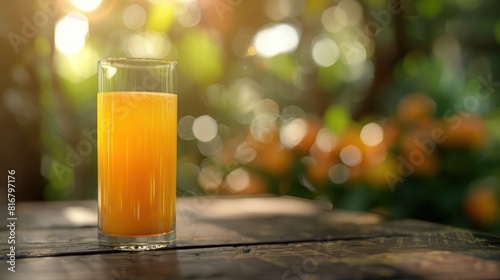 A glass of delicious orange juice on the table wood with an orange orchard in the background