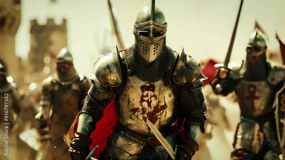 A cinematic still of medieval knights in armor charging into battle