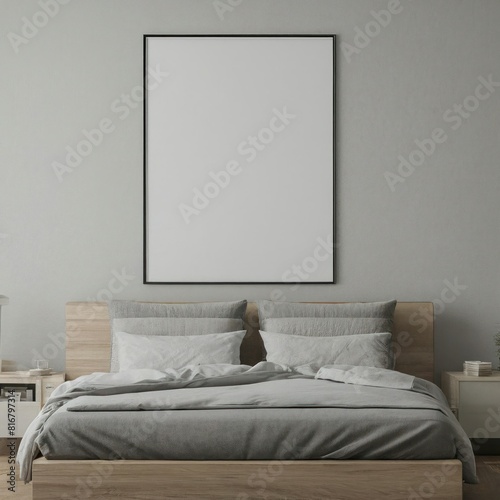 Frame mockup, single vertical ISO A paper size, reflective glass, mockup white poster on the wall of bedroom. Interior mockup. Apartment background. Modern interior design. 3D renderedit