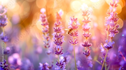 Serene Lavender Field at Sunset  a Tranquil Nature Scene. Perfect for Relaxation and Zen Themes. Shot in Soft Focus for Artistic Flair. Ideal for Spa and Wellness Background Use. AI