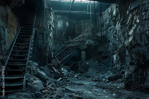 Mysterious night scene of a desolate industrial facility with stairway and debris