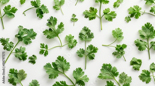 A high-resolution image of coriander leaves on a white background  capturing their bright green  lacy appearance