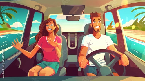 Driver's license posters with a man and woman seated in cars. Modern banners showing education and driving test with cartoon illustrations of happy people.