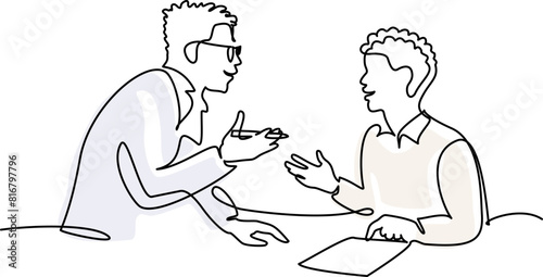 Male teacher explaining a task to a boy student. One line drawing