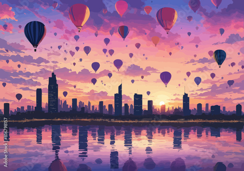 a painting of hot air balloons flying over a city