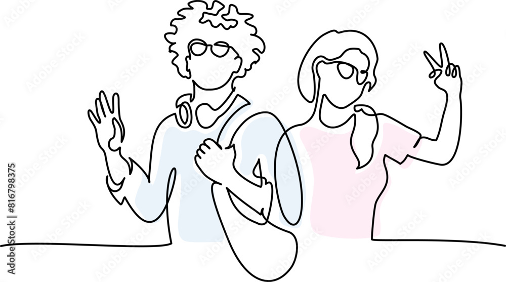 Boy and girl students greeting Hands up. Continuous one line drawing. Boy and girl students greeting Hands up. Continuous one line drawing.