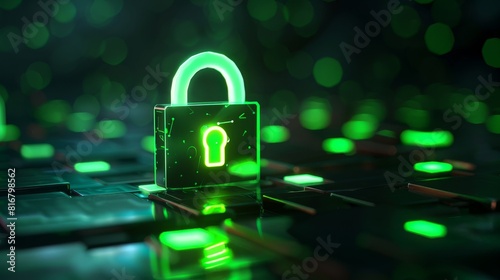 The idea of the concept of privacy, secure data protection, computer or phone access security, authentication system, green padlock and shield, illustration in a 3D environment, concept of privacy,