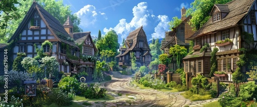 A Quaint English Village With Charming Halftimbered Houses, Lush Greenery And Flowers Adorning The Streets, A Picturesque Scene Of Cozy Charm And Nature'S Beauty photo