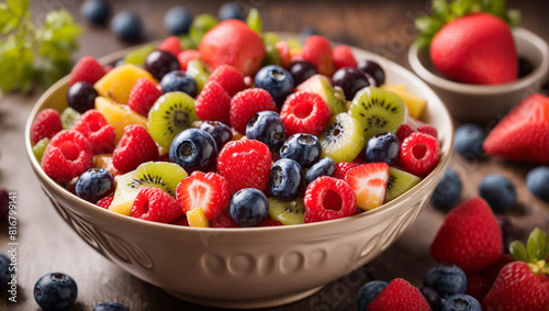 A bowl of fruit salad with strawberries  blueberries  raspberries  kiwi  and melon.