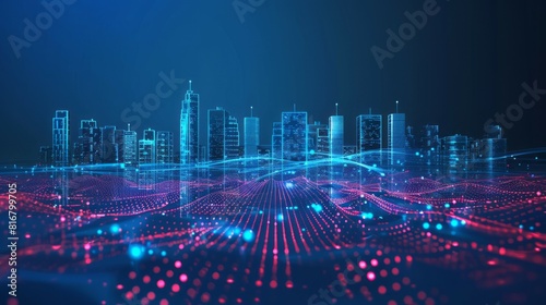 Smart City and Abstract Dot Points Connected with Gradient Lines and Aesthetic Intricate Wave Line Design - Big Data Connection Technology Concept
