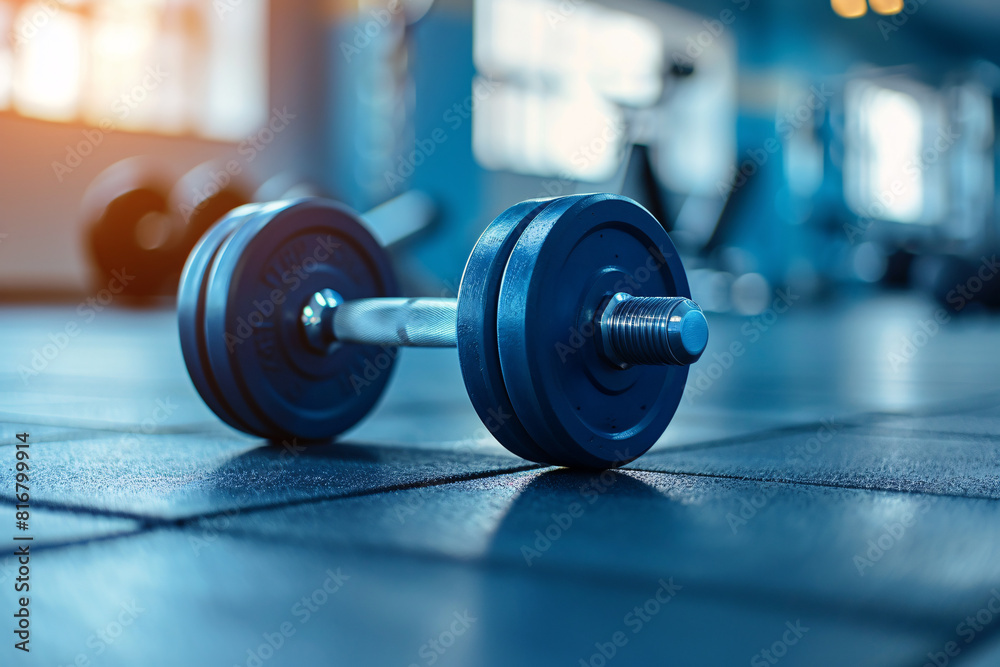 Heavy dumbbell free weight used in weight training on gym floor Heavy dumbbell free weight used in weight training on gym floor