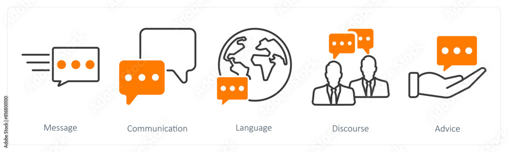 A set of 5 communication icons as message, communication, language A set of 5 communication icons as message, communication, language