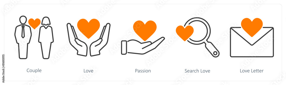 A set of 5 Love and Romance icons as couple, love, passion, A set of 5 Love and Romance icons as couple, love, passion,