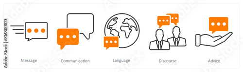 A set of 5 communication icons as message, communication, language