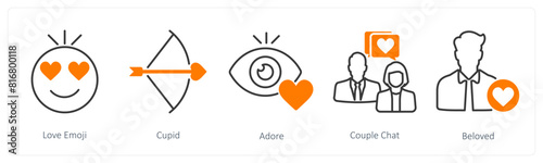 A set of 5 Love and Romance icons as love emoji, cupid, adore