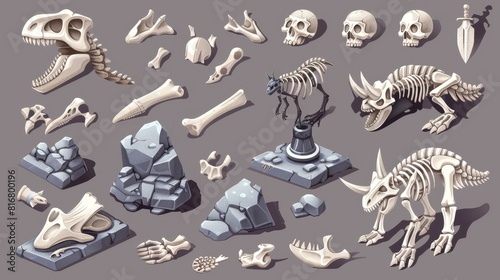 Modern skeletons of triceratops and pterodactyls on a pedestal paleontology cartoon modern icon set. Illustration of museum stone dinosaur footprints. Clipart of isolated dig skull with bone. photo