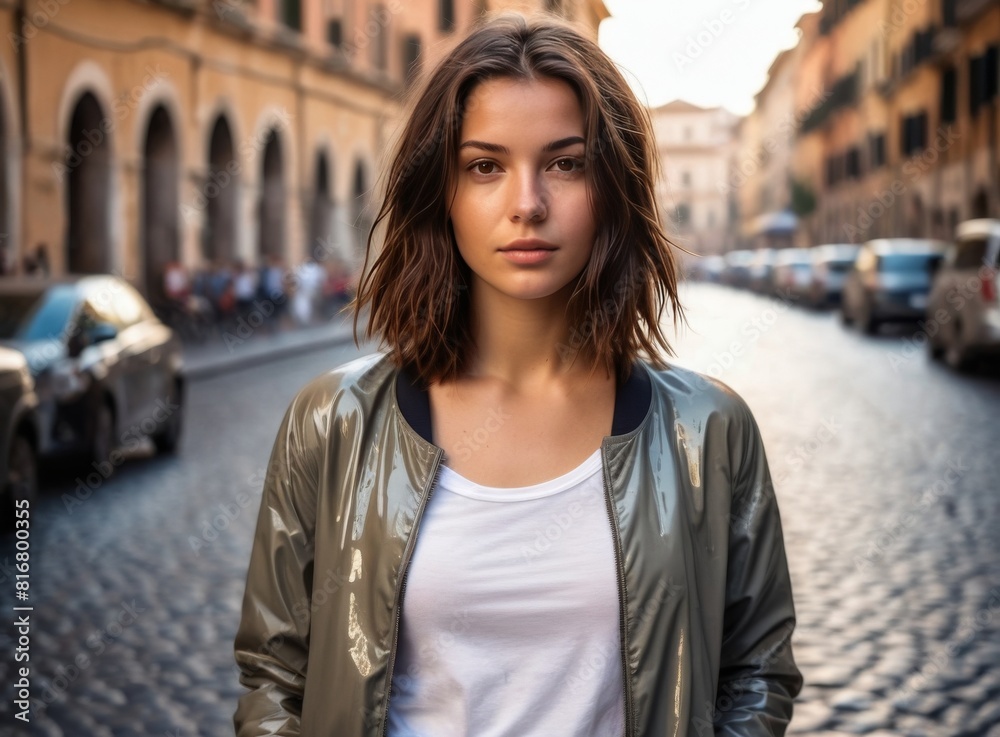 Portrait of a young girl with short hair on the street of the old town Portrait of a young girl with short hair on the street of the old town