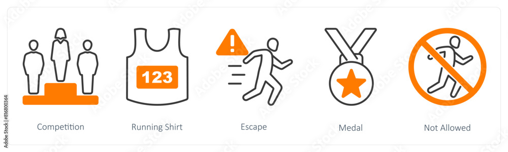 A set of 5 Running icons as competition, running shirt, escape A set of 5 Running icons as competition, running shirt, escape