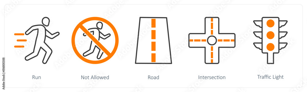 A set of 5 Running icons as run, not allowed, road A set of 5 Running icons as run, not allowed, road