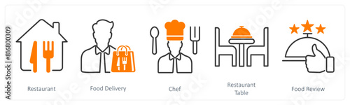 A set of 5 Restaurant icons as restaurant, food delivery, chef