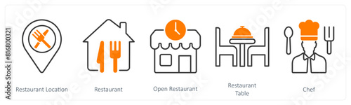 A set of 5 Restaurant icons as restaurant location, restaurant, open restaurant