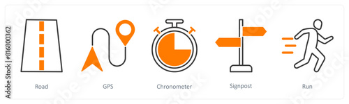 A set of 5 Running icons as road, gps, chronometer