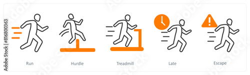 A set of 5 Running icons as run, hurdle, treadmill