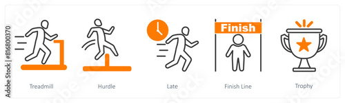 A set of 5 Running icons as treadmill, hurdle, late