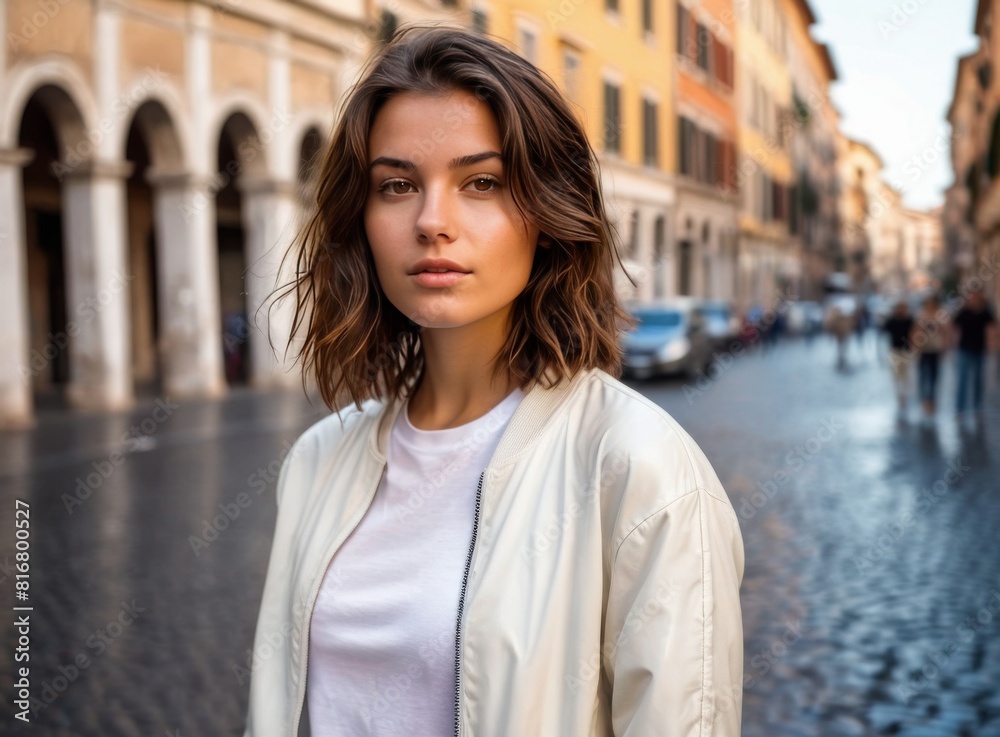 Portrait of a young girl with short hair on the street of the old town