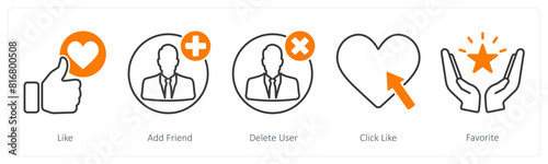 A set of 5 Social Media icons as like, add friend, delete user