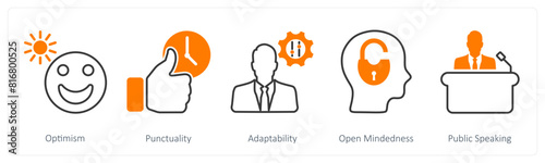 A set of 5 Soft Skills icons as optimism, punctuality, adaptability