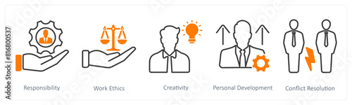 A set of 5 Soft Skills icons as responsibility, work ethics, creativity