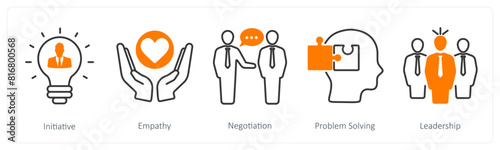 A set of 5 Soft Skills icons as initiative, empathy, negotiation