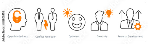A set of 5 Soft Skills icons as open mindedness, conflict resolution, optimism