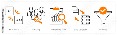 A set of 5 Statistics icons as probability, sampling, interpreting data