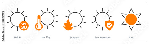 A set of 5 Sun Protection icons as spf 30, hot day, sunburn