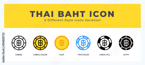 Thai baht icon symbol set. outline. glyph black. flat color and filled line color. photo
