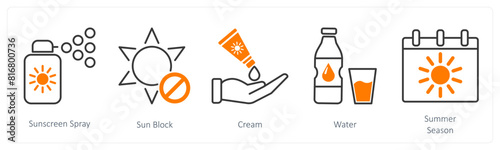 A set of 5 Sun Protection icons as sunscreen spray, sun block, cream