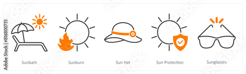 A set of 5 Sun Protection icons as sunbath, sunburn, sun hat
