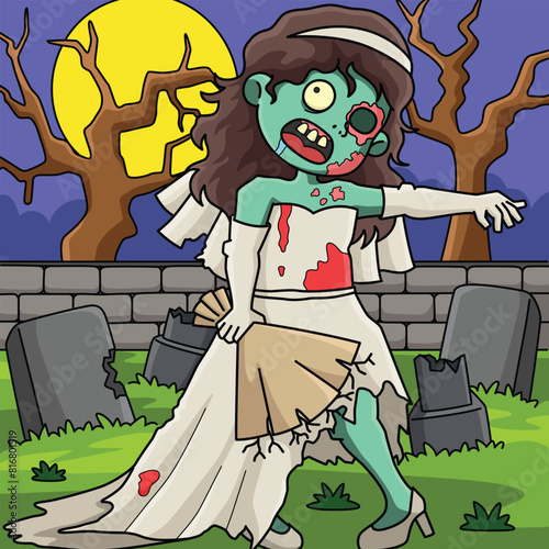 Zombie Bride Colored Cartoon Illustration