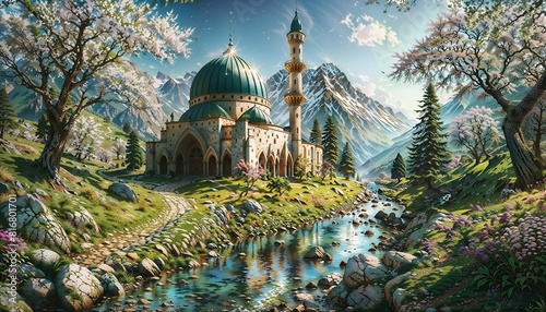 Mosque with a green dome, surrounded by lush gardens and snow-capped mountains,