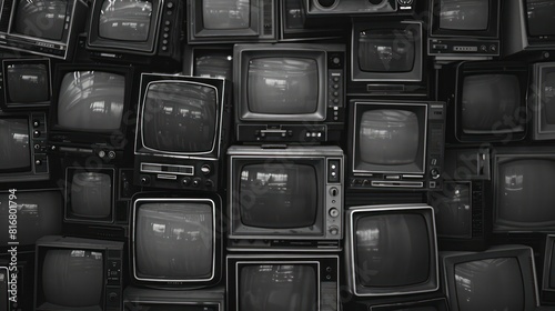 A collection of old black and white televisions