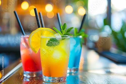 Vibrant cold beverages with straws garnished with fruit, offering a refreshing choice