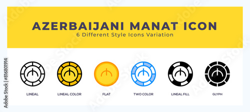 Azerbaijani manat icon set. outline. glyph black. flat color and filled line color photo