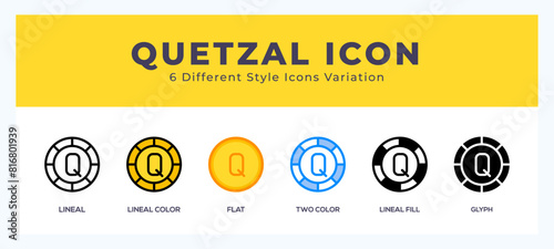 Quetzal icon set with different styles. Design elements for logo. Vector illustration.
