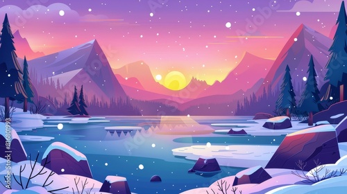 Animated modern illustration of norther nature scene with frozen lake, mountains, snow, conifers, ice on river and sun at sunset. photo