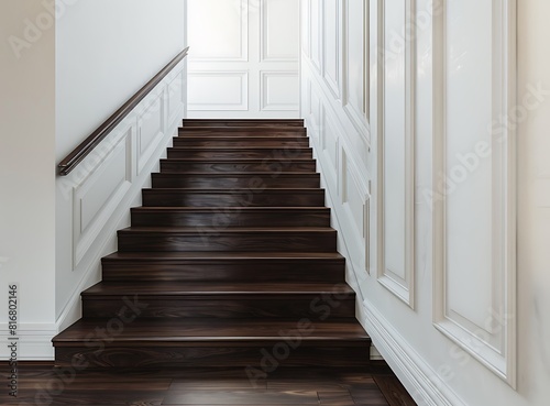 Dark wood staircase in a luxury home with white walls and dark hardwood floors stock photo  high quality photo